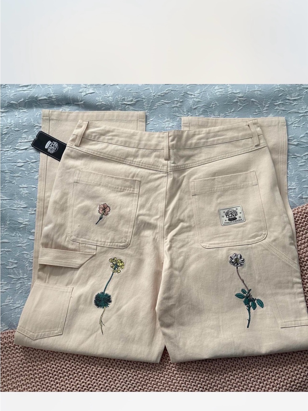 Zumiez Cream Straight Leg Jeans with Floral Embroidery